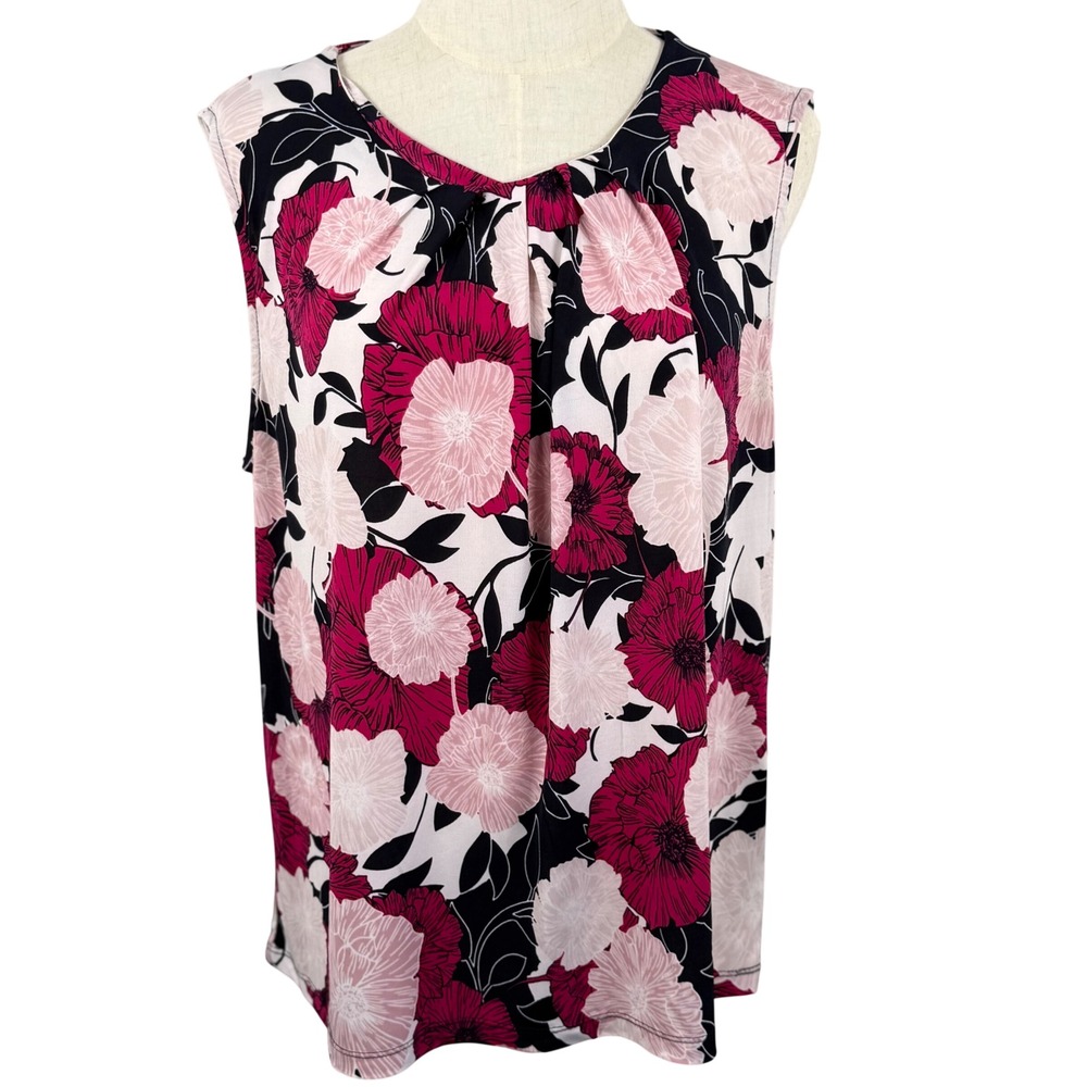 Jones New York XL Pull Over Sleeveless Top Floral Pleated Shell‎ 90s Art to Wear